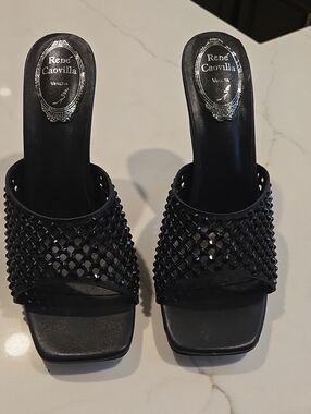 Rene Caovilla Black Jeweled Mesh Slide Mules